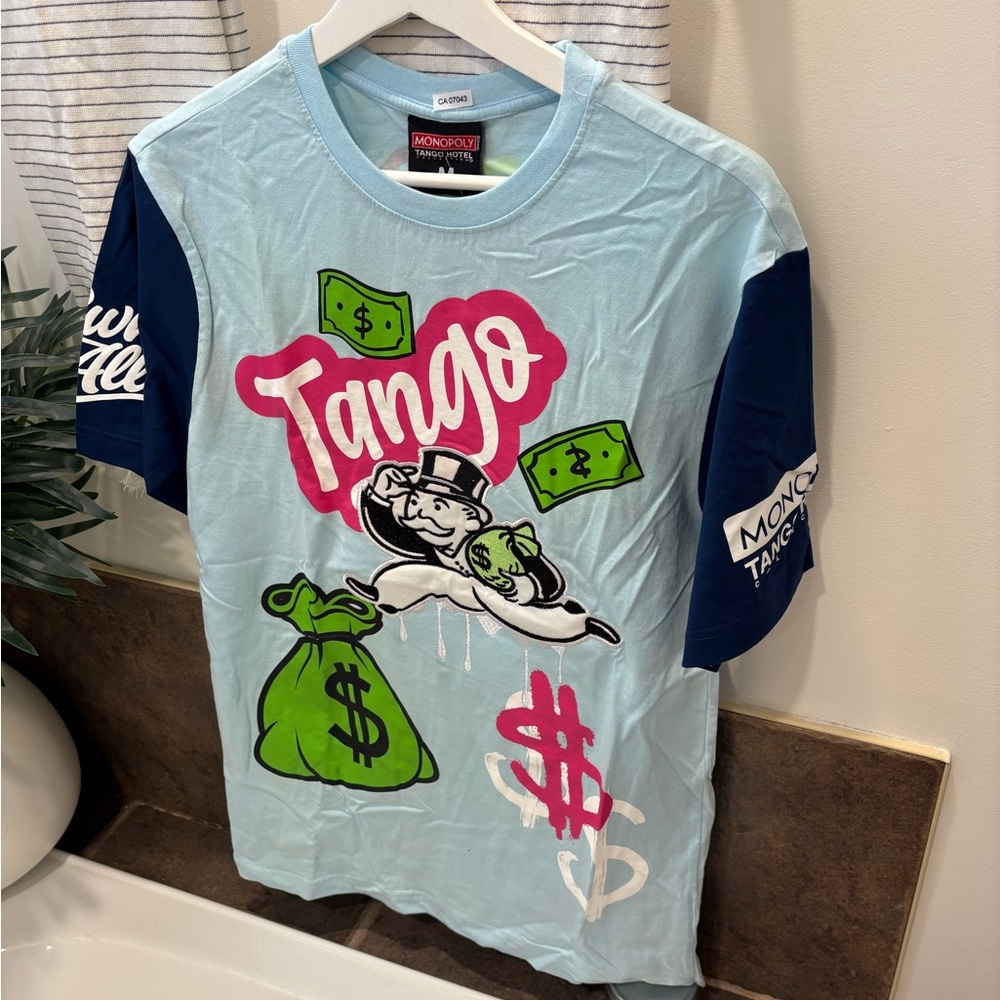Mens M Embroidered Graphic T-Shirt - Blue and Navy